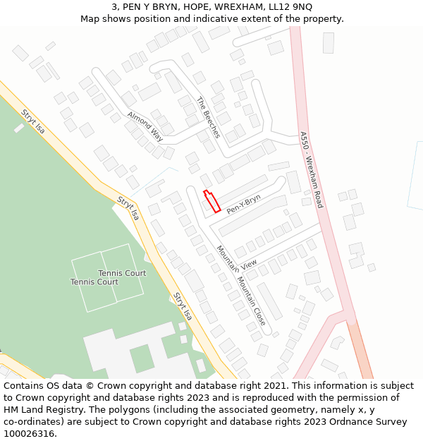 3, PEN Y BRYN, HOPE, WREXHAM, LL12 9NQ: Location map and indicative extent of plot