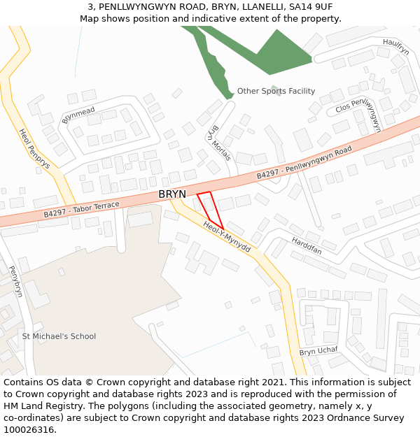 3, PENLLWYNGWYN ROAD, BRYN, LLANELLI, SA14 9UF: Location map and indicative extent of plot