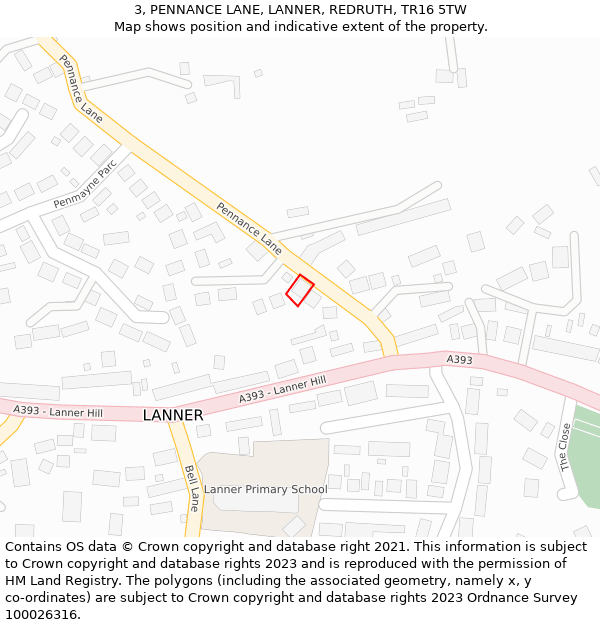 3, PENNANCE LANE, LANNER, REDRUTH, TR16 5TW: Location map and indicative extent of plot