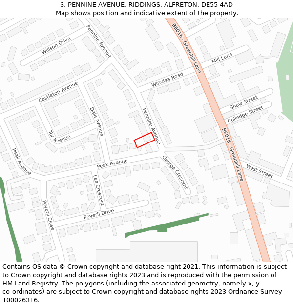 3, PENNINE AVENUE, RIDDINGS, ALFRETON, DE55 4AD: Location map and indicative extent of plot