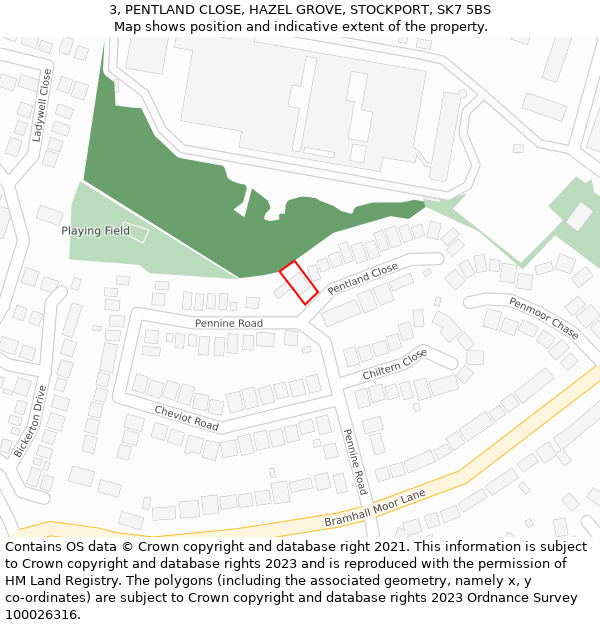 3, PENTLAND CLOSE, HAZEL GROVE, STOCKPORT, SK7 5BS: Location map and indicative extent of plot