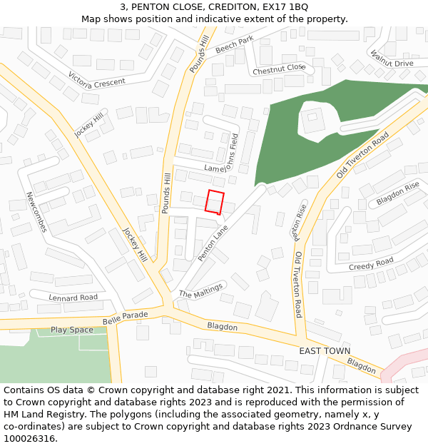 3, PENTON CLOSE, CREDITON, EX17 1BQ: Location map and indicative extent of plot