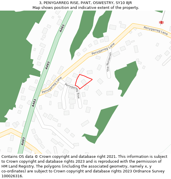 3, PENYGARREG RISE, PANT, OSWESTRY, SY10 8JR: Location map and indicative extent of plot
