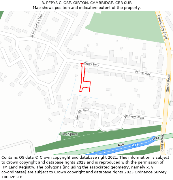 3, PEPYS CLOSE, GIRTON, CAMBRIDGE, CB3 0UR: Location map and indicative extent of plot