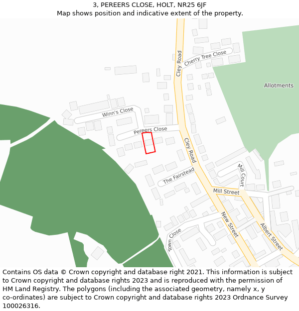 3, PEREERS CLOSE, HOLT, NR25 6JF: Location map and indicative extent of plot