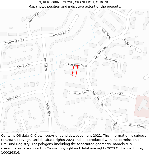 3, PEREGRINE CLOSE, CRANLEIGH, GU6 7BT: Location map and indicative extent of plot