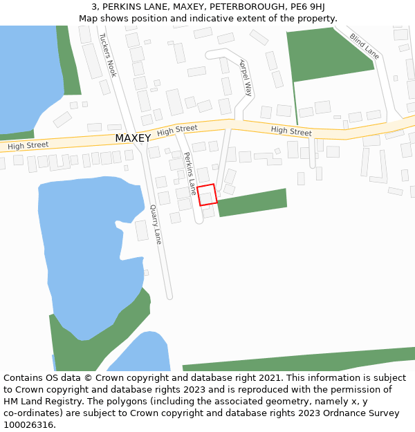 3, PERKINS LANE, MAXEY, PETERBOROUGH, PE6 9HJ: Location map and indicative extent of plot