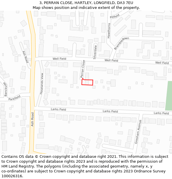 3, PERRAN CLOSE, HARTLEY, LONGFIELD, DA3 7EU: Location map and indicative extent of plot