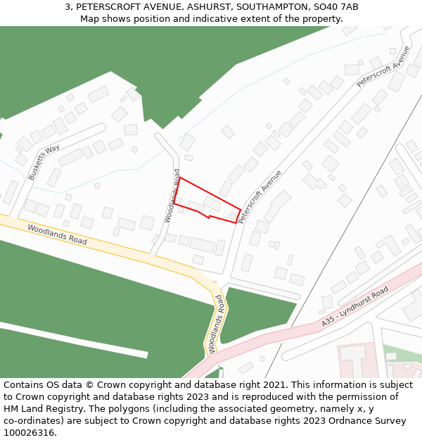 3, PETERSCROFT AVENUE, ASHURST, SOUTHAMPTON, SO40 7AB: Location map and indicative extent of plot