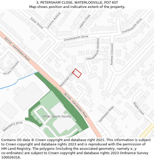 3, PETERSHAM CLOSE, WATERLOOVILLE, PO7 6ST: Location map and indicative extent of plot