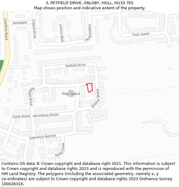 3, PETFIELD DRIVE, ANLABY, HULL, HU10 7ES: Location map and indicative extent of plot