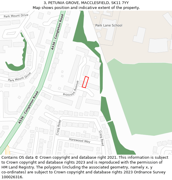 3, PETUNIA GROVE, MACCLESFIELD, SK11 7YY: Location map and indicative extent of plot