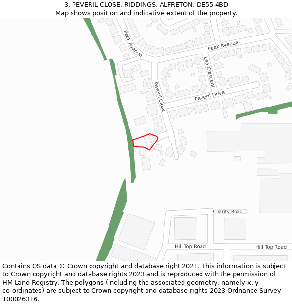 3, PEVERIL CLOSE, RIDDINGS, ALFRETON, DE55 4BD: Location map and indicative extent of plot