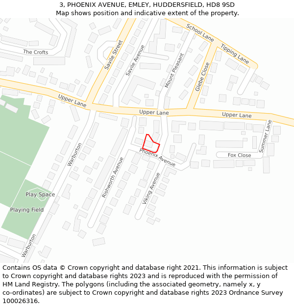 3, PHOENIX AVENUE, EMLEY, HUDDERSFIELD, HD8 9SD: Location map and indicative extent of plot