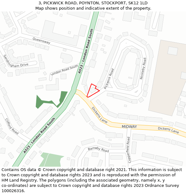 3, PICKWICK ROAD, POYNTON, STOCKPORT, SK12 1LD: Location map and indicative extent of plot