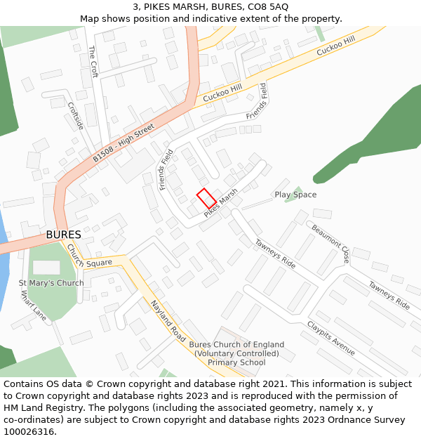 3, PIKES MARSH, BURES, CO8 5AQ: Location map and indicative extent of plot