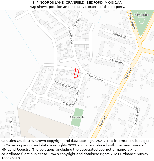 3, PINCORDS LANE, CRANFIELD, BEDFORD, MK43 1AA: Location map and indicative extent of plot