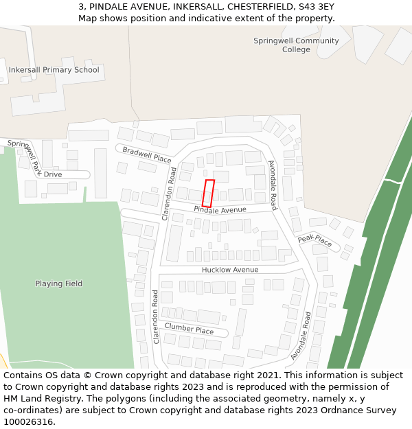 3, PINDALE AVENUE, INKERSALL, CHESTERFIELD, S43 3EY: Location map and indicative extent of plot