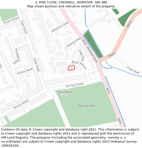 3, PINE CLOSE, CRESWELL, WORKSOP, S80 4BE: Location map and indicative extent of plot