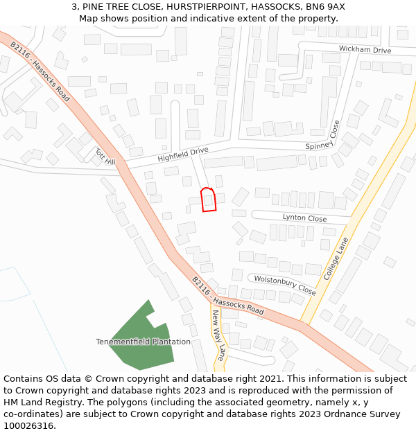3, PINE TREE CLOSE, HURSTPIERPOINT, HASSOCKS, BN6 9AX: Location map and indicative extent of plot