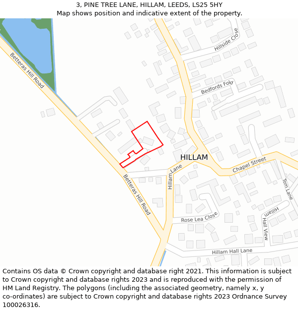 3, PINE TREE LANE, HILLAM, LEEDS, LS25 5HY: Location map and indicative extent of plot