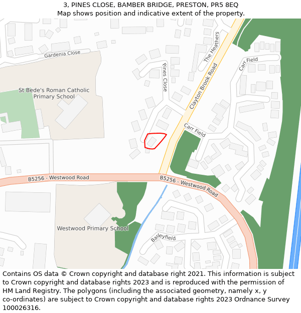 3, PINES CLOSE, BAMBER BRIDGE, PRESTON, PR5 8EQ: Location map and indicative extent of plot