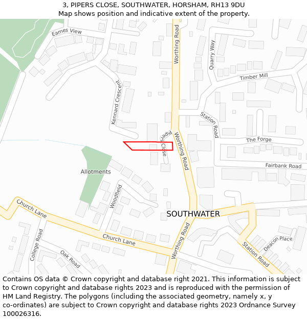 3, PIPERS CLOSE, SOUTHWATER, HORSHAM, RH13 9DU: Location map and indicative extent of plot