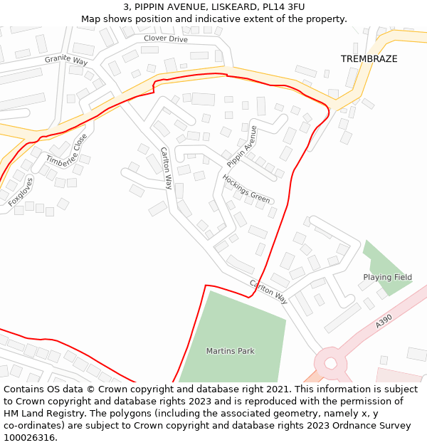 3, PIPPIN AVENUE, LISKEARD, PL14 3FU: Location map and indicative extent of plot