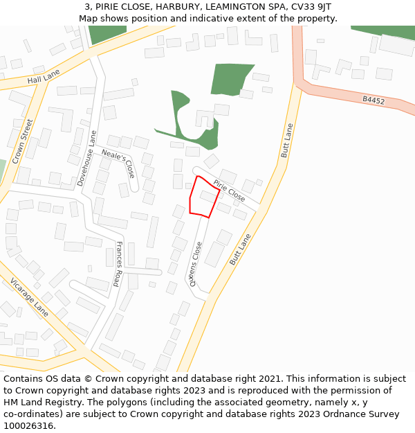 3, PIRIE CLOSE, HARBURY, LEAMINGTON SPA, CV33 9JT: Location map and indicative extent of plot