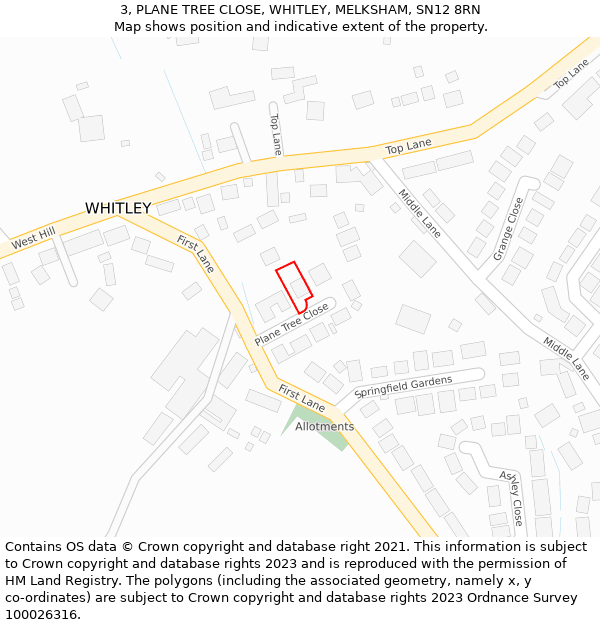 3, PLANE TREE CLOSE, WHITLEY, MELKSHAM, SN12 8RN: Location map and indicative extent of plot