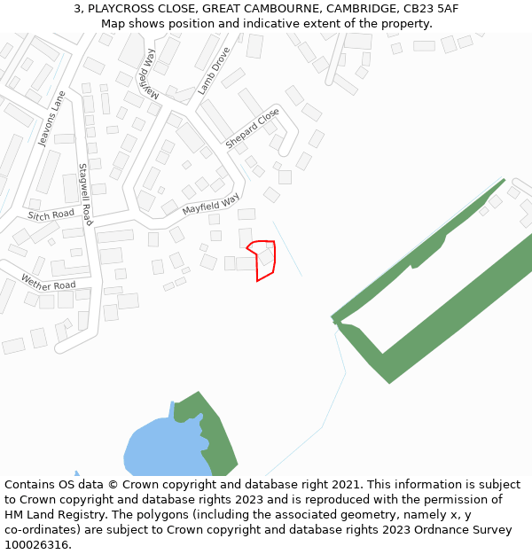 3, PLAYCROSS CLOSE, GREAT CAMBOURNE, CAMBRIDGE, CB23 5AF: Location map and indicative extent of plot