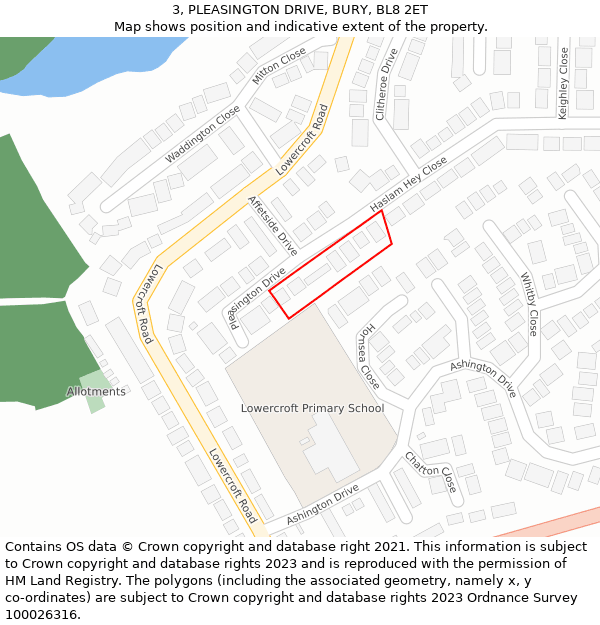 3, PLEASINGTON DRIVE, BURY, BL8 2ET: Location map and indicative extent of plot