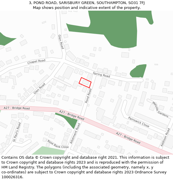 3, POND ROAD, SARISBURY GREEN, SOUTHAMPTON, SO31 7FJ: Location map and indicative extent of plot