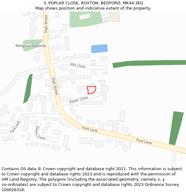 3, POPLAR CLOSE, ROXTON, BEDFORD, MK44 3EG: Location map and indicative extent of plot