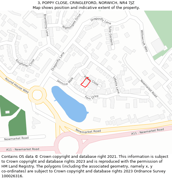 3, POPPY CLOSE, CRINGLEFORD, NORWICH, NR4 7JZ: Location map and indicative extent of plot