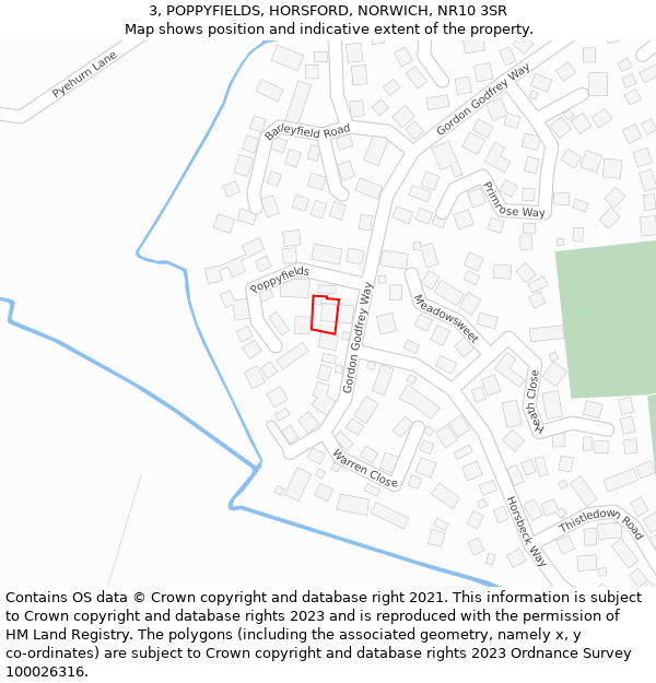 3, POPPYFIELDS, HORSFORD, NORWICH, NR10 3SR: Location map and indicative extent of plot