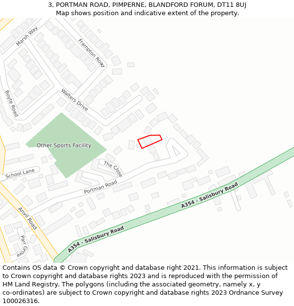 3, PORTMAN ROAD, PIMPERNE, BLANDFORD FORUM, DT11 8UJ: Location map and indicative extent of plot