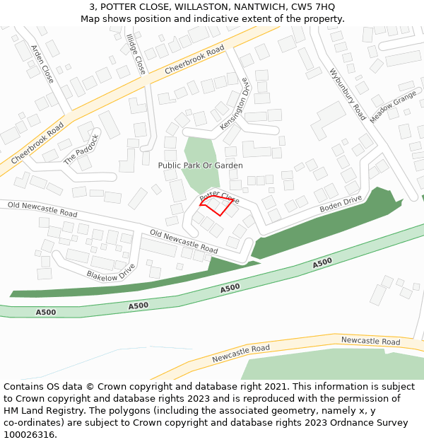 3, POTTER CLOSE, WILLASTON, NANTWICH, CW5 7HQ: Location map and indicative extent of plot