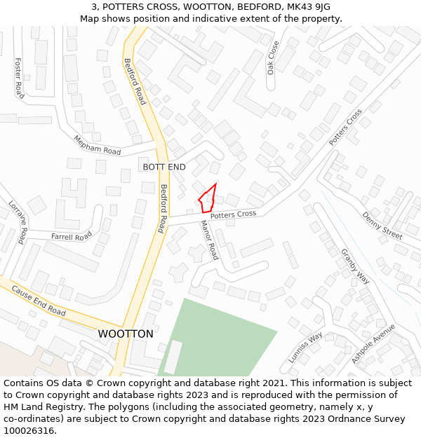3, POTTERS CROSS, WOOTTON, BEDFORD, MK43 9JG: Location map and indicative extent of plot