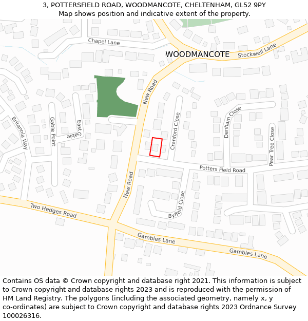 3, POTTERSFIELD ROAD, WOODMANCOTE, CHELTENHAM, GL52 9PY: Location map and indicative extent of plot