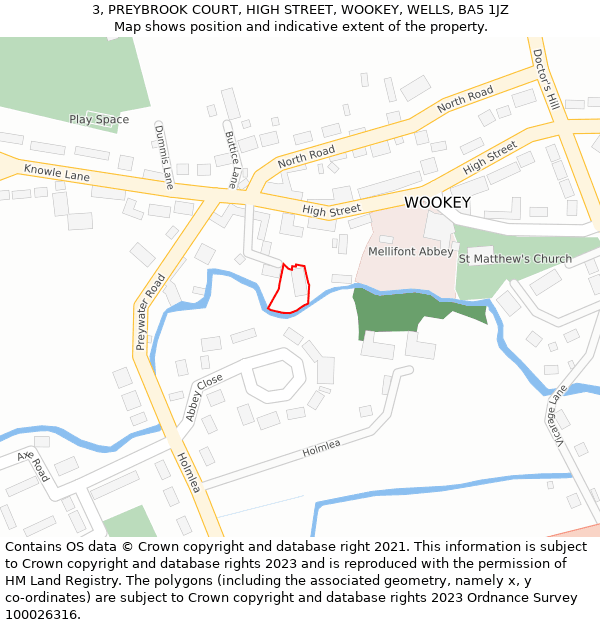 3, PREYBROOK COURT, HIGH STREET, WOOKEY, WELLS, BA5 1JZ: Location map and indicative extent of plot
