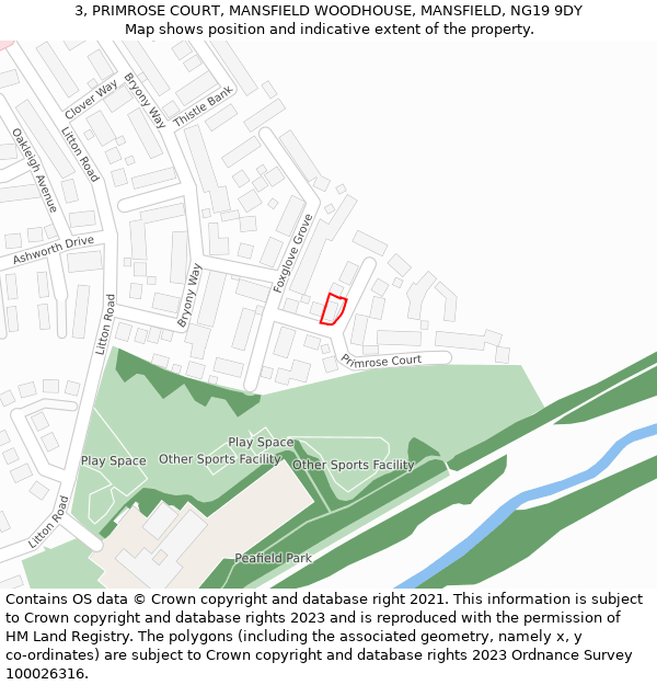 3, PRIMROSE COURT, MANSFIELD WOODHOUSE, MANSFIELD, NG19 9DY: Location map and indicative extent of plot