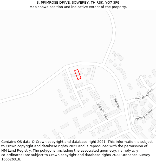 3, PRIMROSE DRIVE, SOWERBY, THIRSK, YO7 3FG: Location map and indicative extent of plot