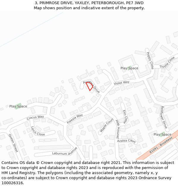 3, PRIMROSE DRIVE, YAXLEY, PETERBOROUGH, PE7 3WD: Location map and indicative extent of plot