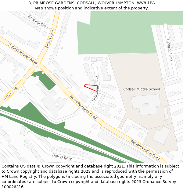 3, PRIMROSE GARDENS, CODSALL, WOLVERHAMPTON, WV8 1PA: Location map and indicative extent of plot