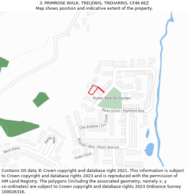 3, PRIMROSE WALK, TRELEWIS, TREHARRIS, CF46 6EZ: Location map and indicative extent of plot