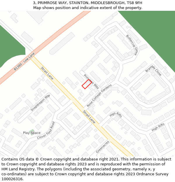 3, PRIMROSE WAY, STAINTON, MIDDLESBROUGH, TS8 9FH: Location map and indicative extent of plot