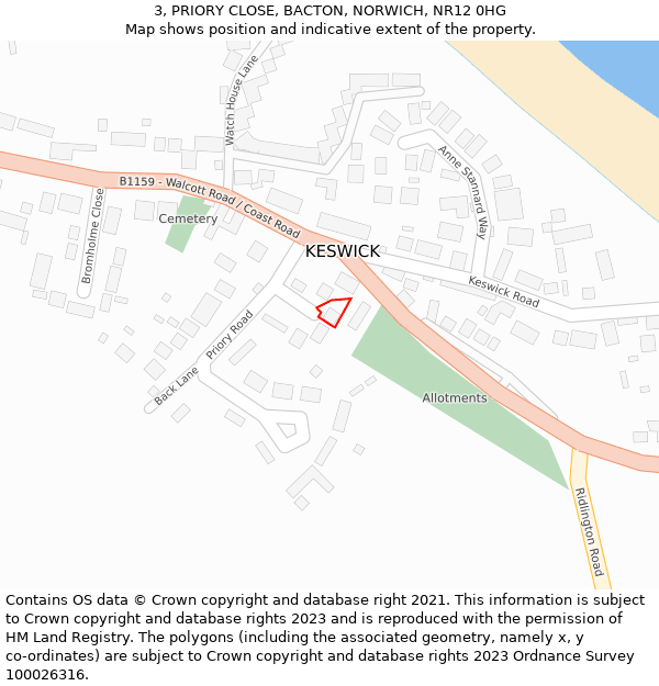 3, PRIORY CLOSE, BACTON, NORWICH, NR12 0HG: Location map and indicative extent of plot