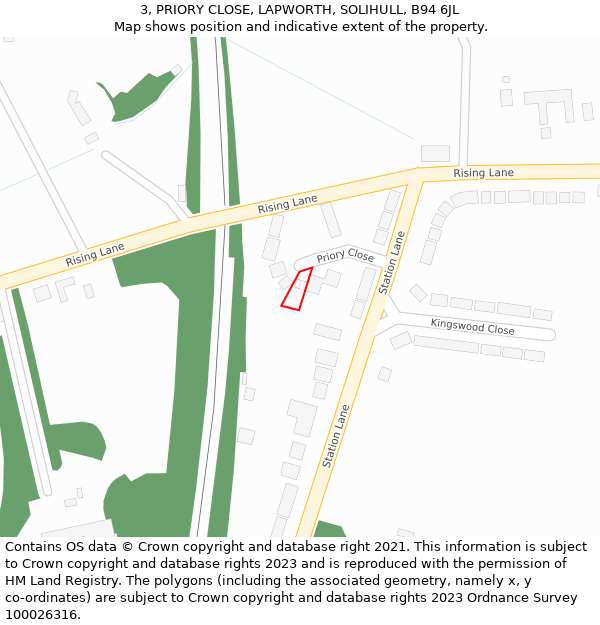 3, PRIORY CLOSE, LAPWORTH, SOLIHULL, B94 6JL: Location map and indicative extent of plot