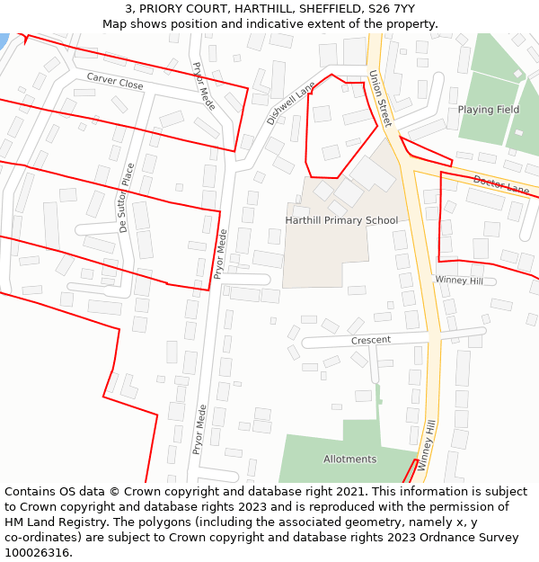 3, PRIORY COURT, HARTHILL, SHEFFIELD, S26 7YY: Location map and indicative extent of plot